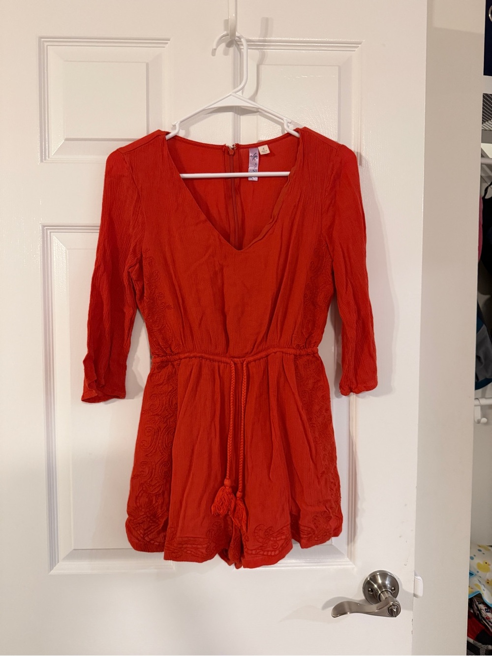 Alya Small Red V-Neck Romper with Tassel Waist